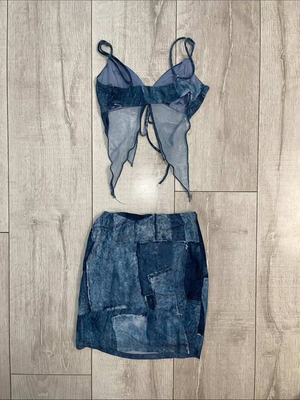 Blue denim Pattern Mini Skirt/Crop Set - XS- never worn!